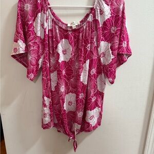 Kim & Cami Pink White Floral Blouse Knot Tie On Bottom Size M